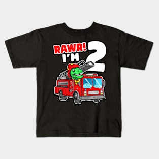 Dinosaur Fire Truck 2Nd Birthday Boy Two T-Rex Firefighter Kids T-Shirt